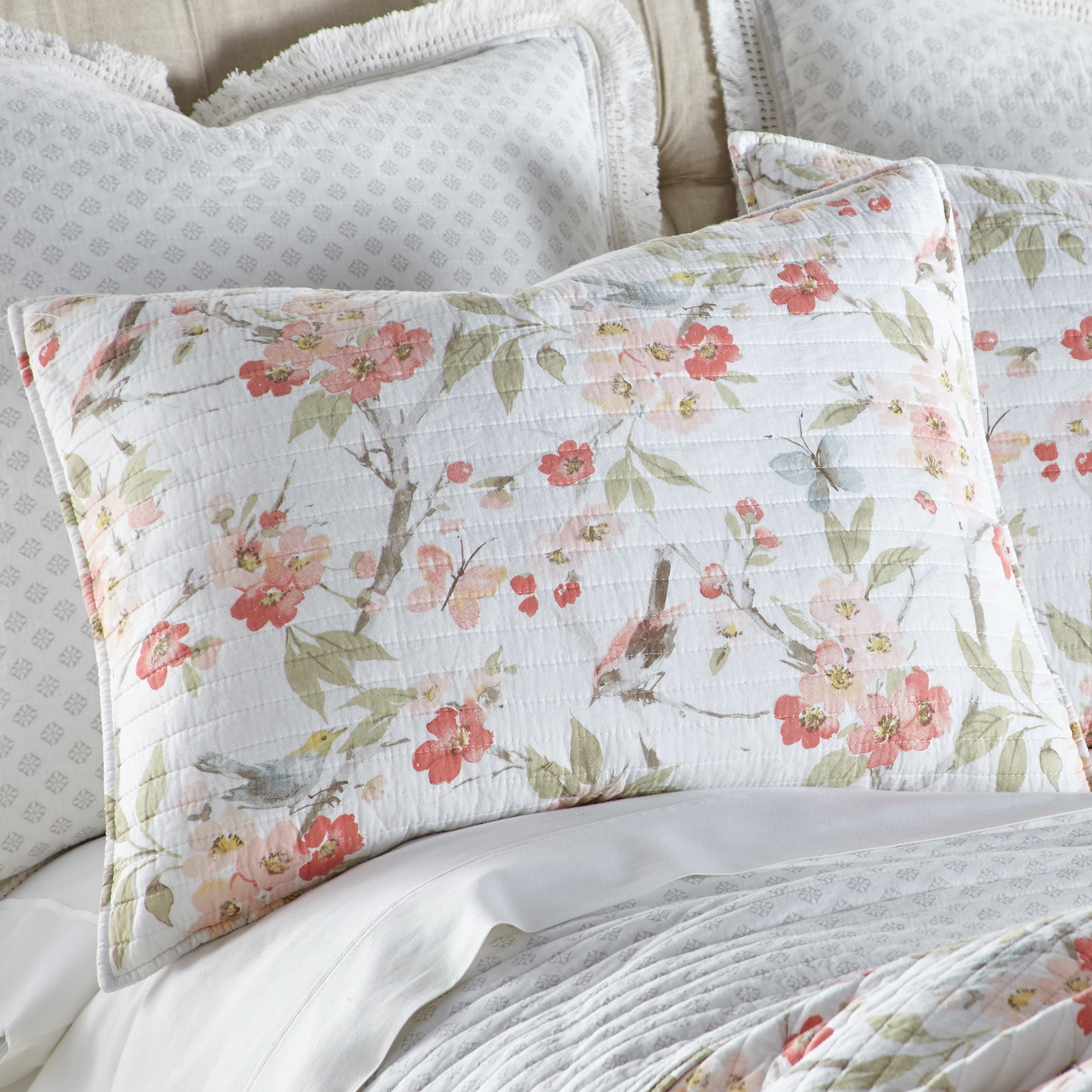 Levtex Home - Pippa Quilt Set - King Quilt + Two King Pillow Shams - Floral  Birds - Salmon, Blush, Pink and Grey - Quilt Size (106x92in.) and Pillow 