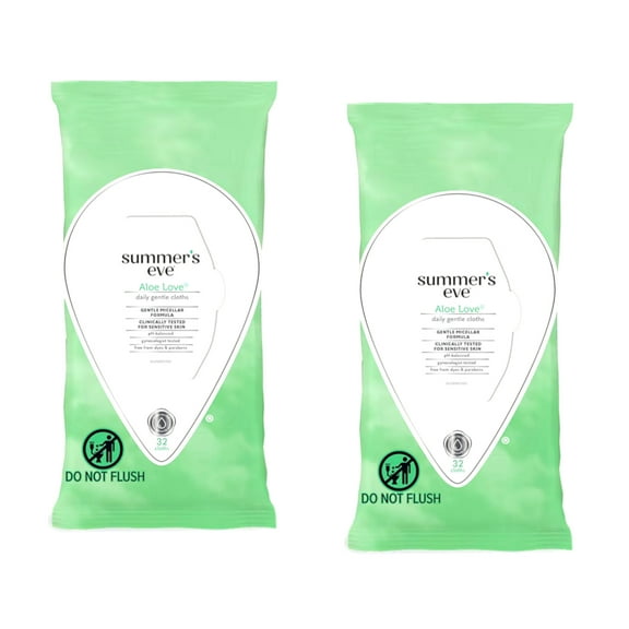 Summer's Eve Aloe Love Cleansing Cloths for Sensitive Skin, 32 Count Pack of 2