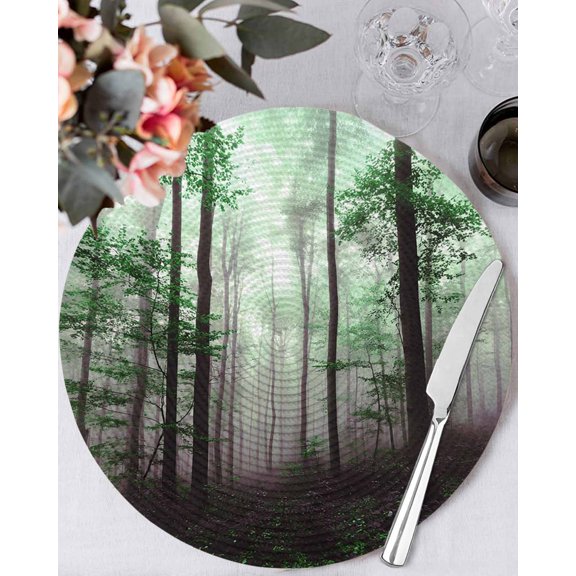 15 Inch Round Placemats Set of 6, Teal Forest Non Slip Heat Insulation PP Table Mats, Vintage Foggy Woods Tree Mysterious Washable Place Mats for Kitchen Dining Party Table Decor