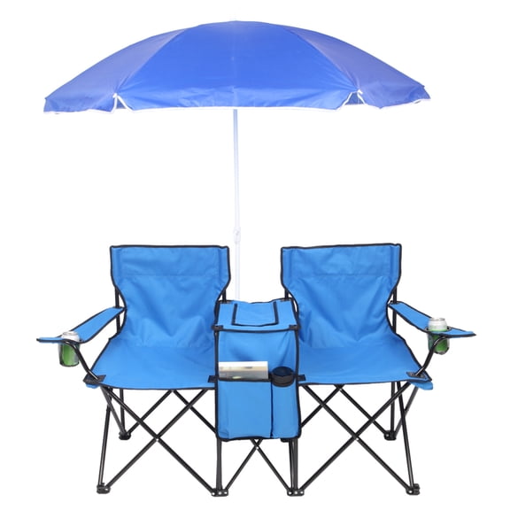Portable Outdoor 2-Seat Folding Chair with Removable Sun Umbrella, Blue