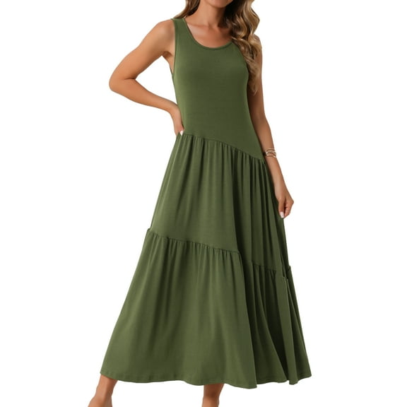 DARING DIVA Summer Casual Sleeveless Crewneck Maxi Dress S Army Green