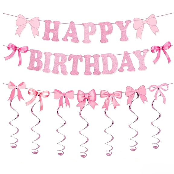 Bow Happy Birthday Banner Pink Bow Birthday Garland Decor for Women Girls Birthday Party Decoration(Material Pack 1Set )