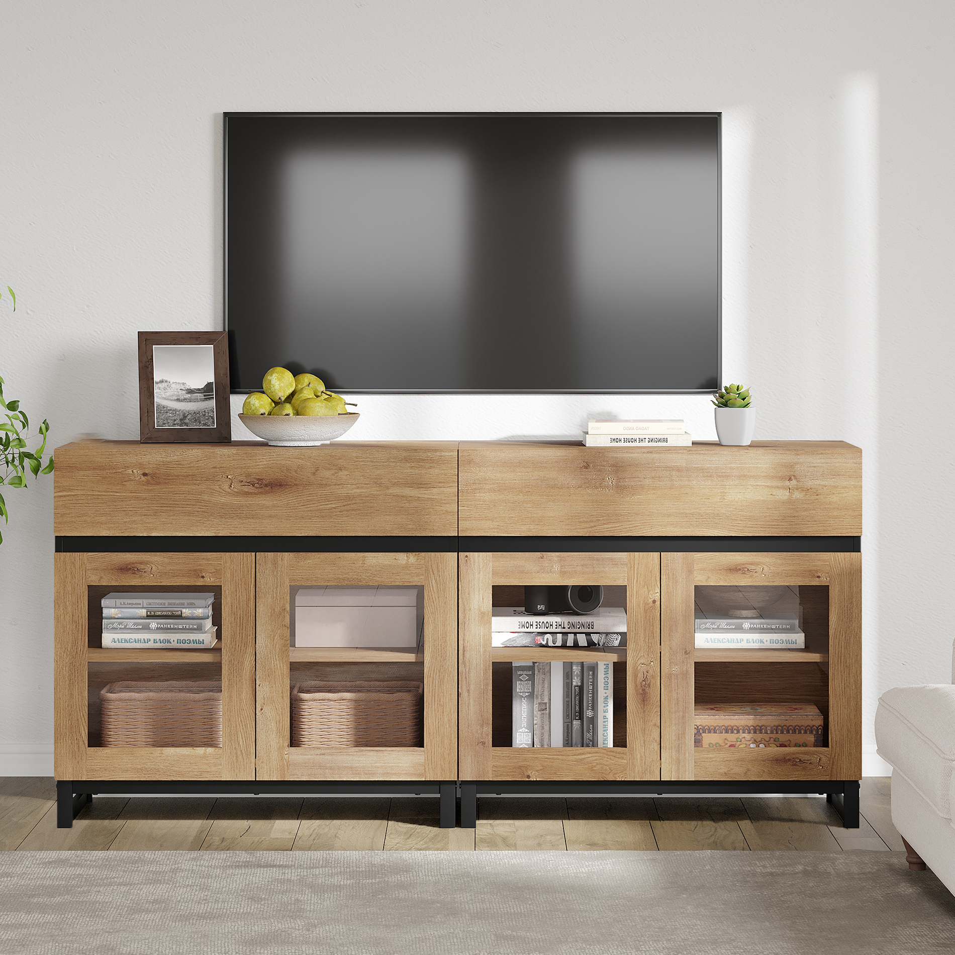 2 in 1 Modern TV Stand with Tempered Glass Doors, Entertainment Media Console with 2 Storage Drawers and Heavy-Duty Metal Base, Compatible with 70 Inch TVs, Oak Texture for Living Room