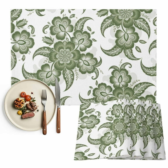 Placemats Set of 4, Sage Green Paisley Floral Placemats Set of 4, Vintage Ethnic Flower Tablemats Placemat Table Decoration for Kitchen Table Dinner Party Home Decor Indoor Outdoor 13x19 Inch