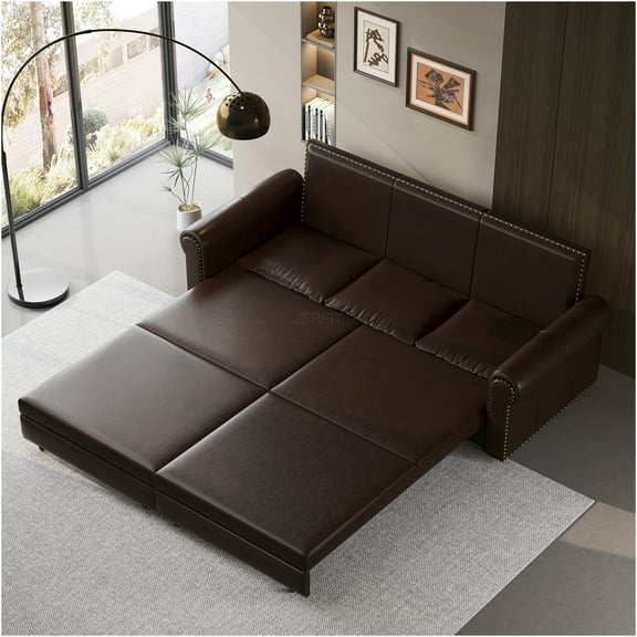 JERFIT 3-in-1 Chesterfield Convertible Sofa Bed, Faux Leather Sleeper Sofa with Nailhead Trim for Living Room, Dark Brown