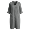 thumbnail image 7 of Yteetum Summer Dresses for Women Cotton Linen 3/4 Sleeve V Neck Button Dress Casual Solid Loose Breathable Qucikly Dry 3/4 Length Sleeve Tavel Vacation Midi Dresses, 7 of 7