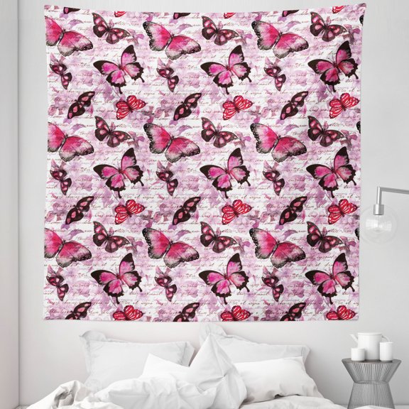 Nostalgic Tapestry, Butterflies on Nostalgic Background Classic Paintbrush Design Print, Fabric Wall Hanging Decor for Bedroom Living Room Dorm, 5 Sizes, Black Lilac Pink, by Ambesonne