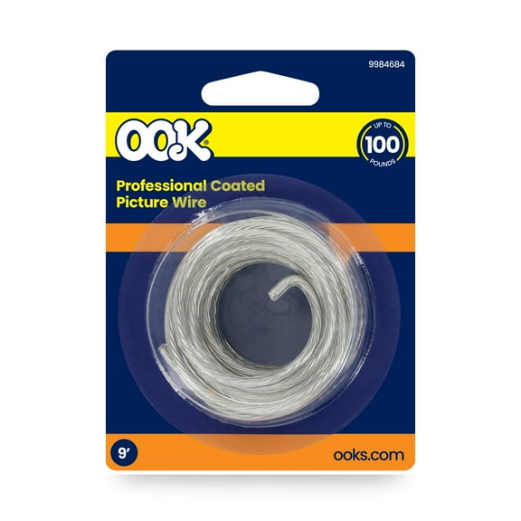 Ook Picture Hanging Wire, 9 ft Wire, 100 lb., Stainless Steel, Plastic Coating, Silver