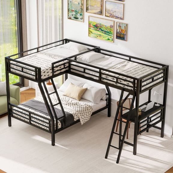 Twin Over Full Bunk Bed with Attached Twin Loft Bed & Desk - Metal Frame,Black