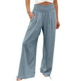 thumbnail image 3 of Women's Flowy Swing Palazzo Lightweight Long Pants Fashion Summer Clothes Solid Color Straight Wide Leg Wide Leg Lounge Trousers Elastic High Waist Vintage Wide Leg Lounge Trousers Light Blue L, 3 of 6