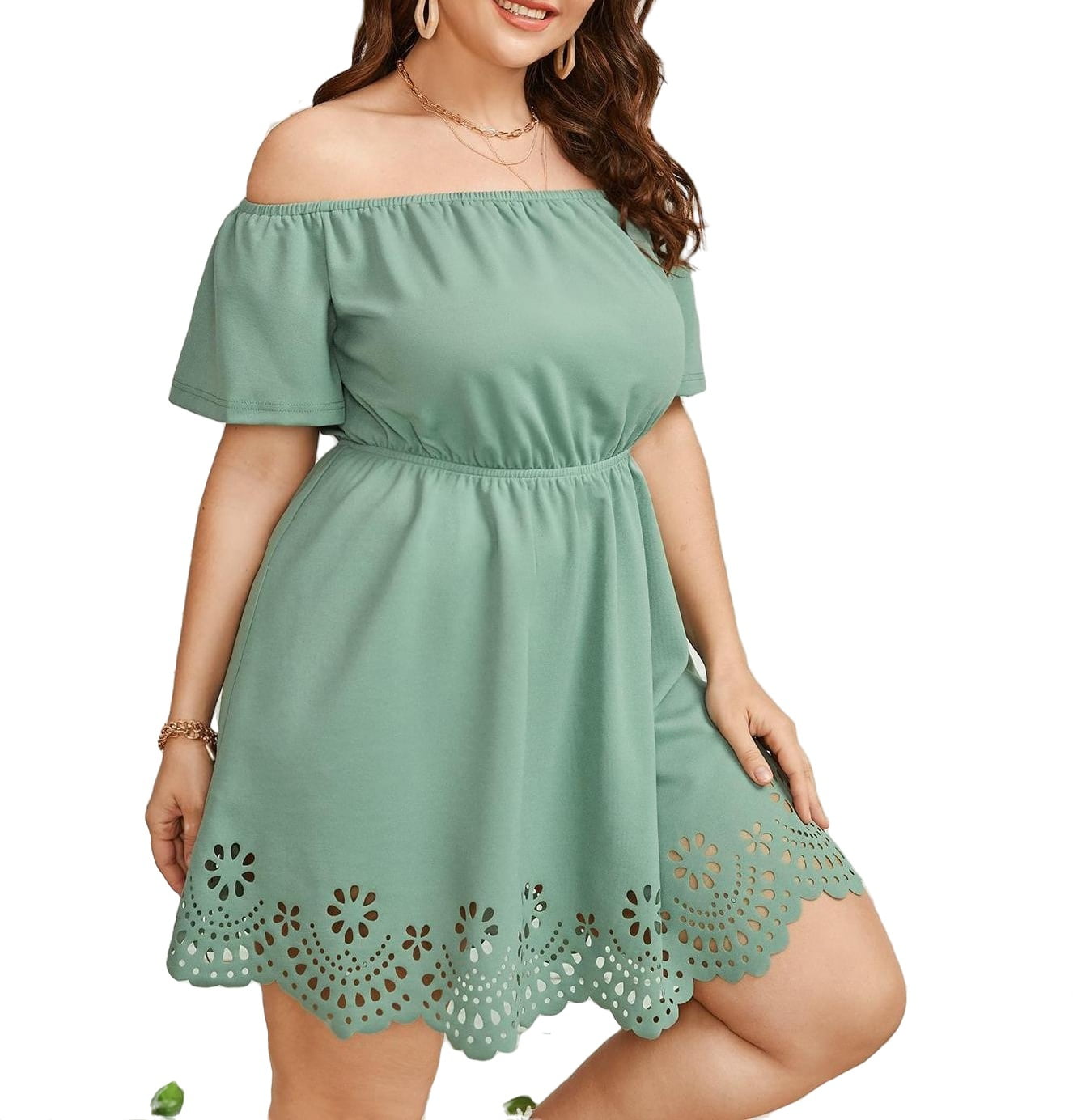 Elegant Solid Off the A Line Short Sleeve Green Plus Dresses (Women's) -
