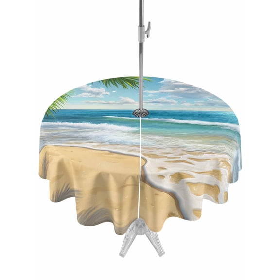 Summer Beach Outdoor Tablecloth with Umbrella Hole, Coastal Ocean Tropical Palm Trees Spillproof Waterproof Outdoor Table Cover, Patio Tablecloths for Party/Garden/Picnic, Round 60 inch
