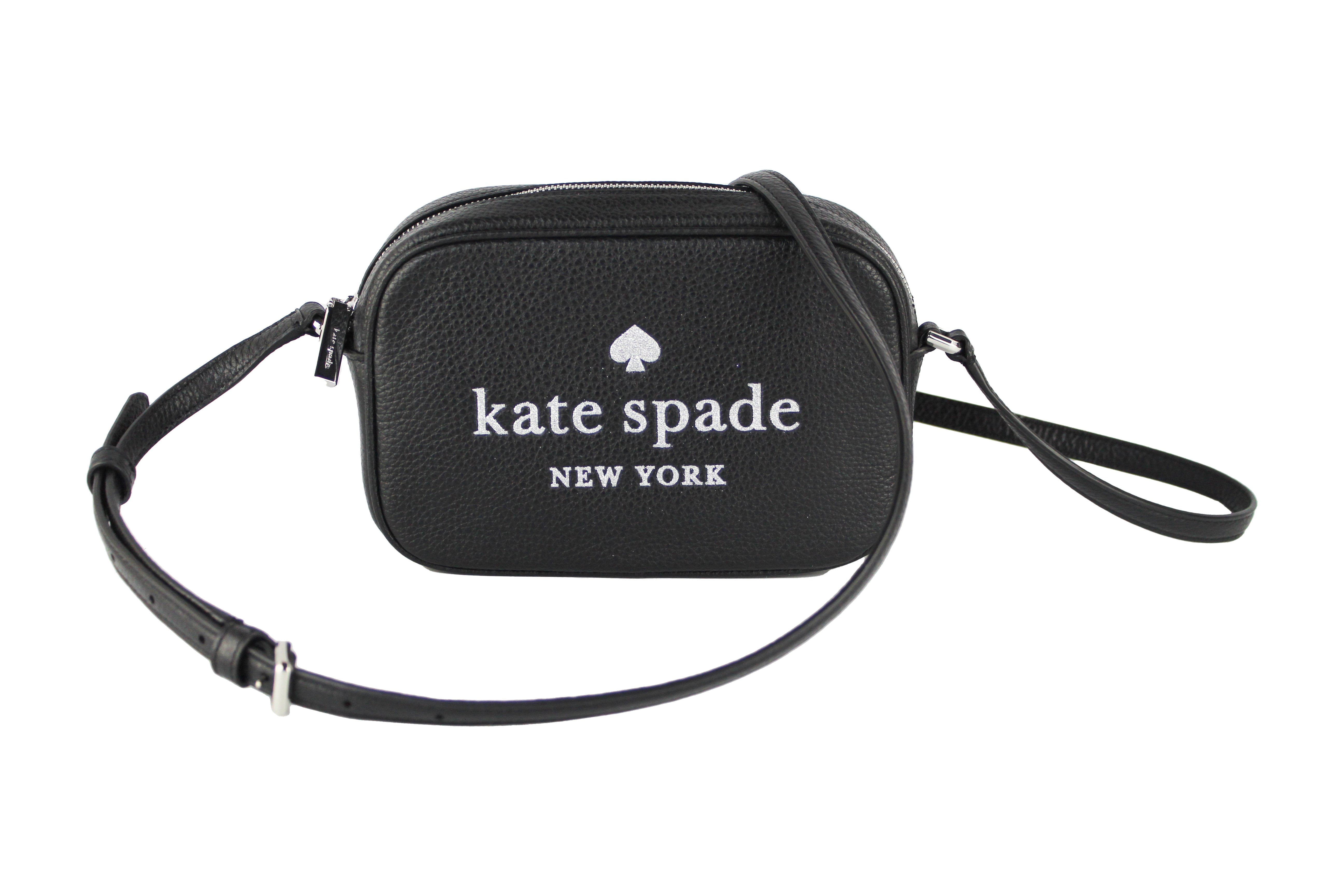 Kate Spade Mini Black Embossed Leather Glitter Logo Camera Bag Crossbody  Handbag 