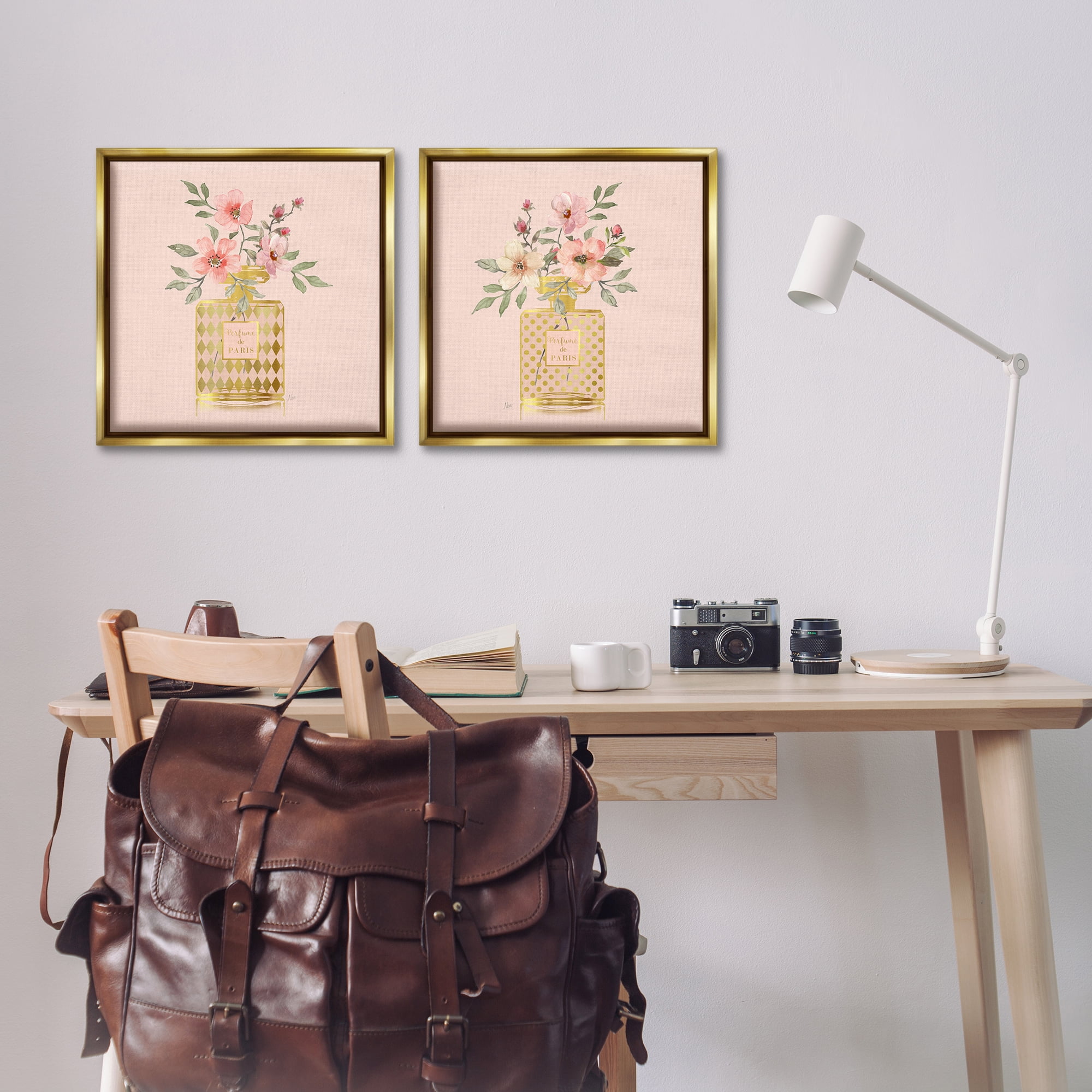 Stupell Industries Cotton Candy Pink Flower Perfume Plants & Flowers Painting Gold Floater Framed Canvas Art Print Wall Art, 18 x 18, Set of 2