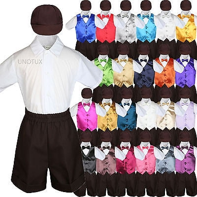 

Brown Boy Toddler Formal Vest Shorts Suit Satin Vest Bow Tie Hat 5PC Set sz S-4T