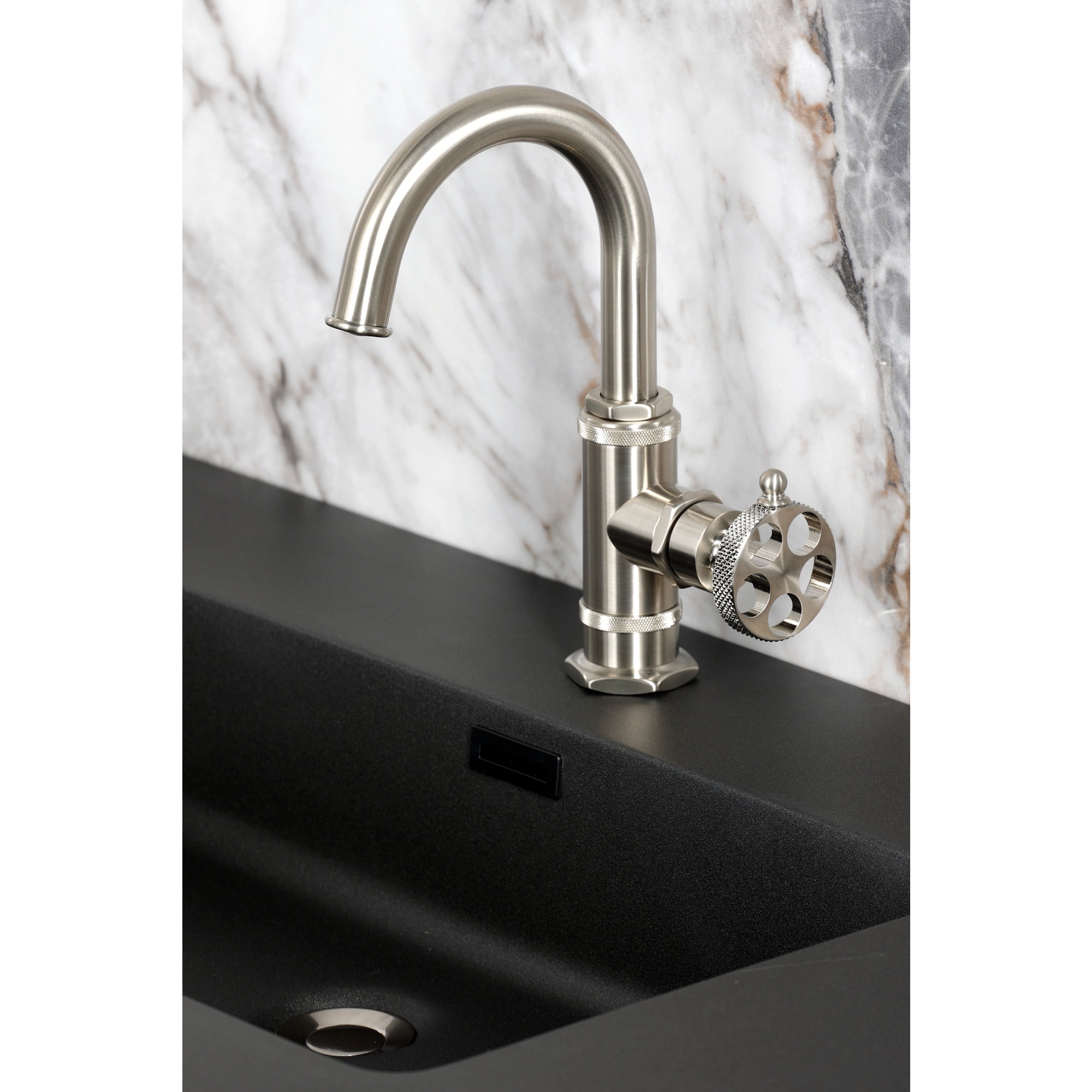 Kingston Brass KSD2218RKX Webb One-Handle 1-Hole Bathroom Faucet with Knurled Handle, Deck Plate, and Push Pop-Up Drain in Brushed Nickel