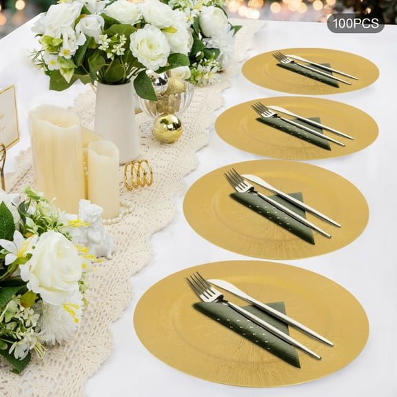 100 PCS PP Gold Charger Plates Set Round Charger Plates Charger Plate for Wedding Party Baby Shower 13in