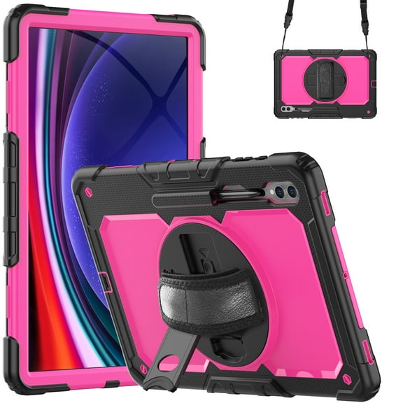ELEHOLD Rugged Hybrid Case for Samsung Galaxy Tab S9 Ultra 14.6" 2023 Three-Layer Protection with Built-in Screen Protector 360° Rotating Kickstand Handstrap Shoulder Strap Shockproof Case,Black Rose