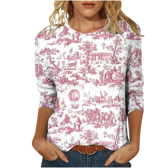Pompotops T-shirt Mode Imprimé Ample pour Femmes Manches 3/4 Blouse Col Rond Hauts Décontractés en Solde