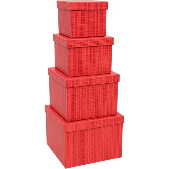 4-Piece Decorative Storage Boxes with Lids, Red Plaid Textured, Cardboard Paperboard Photo Keepsake Box Set, Holiday Gift Wrapping Boxes for Memory, Home Decor, and Office Organizer