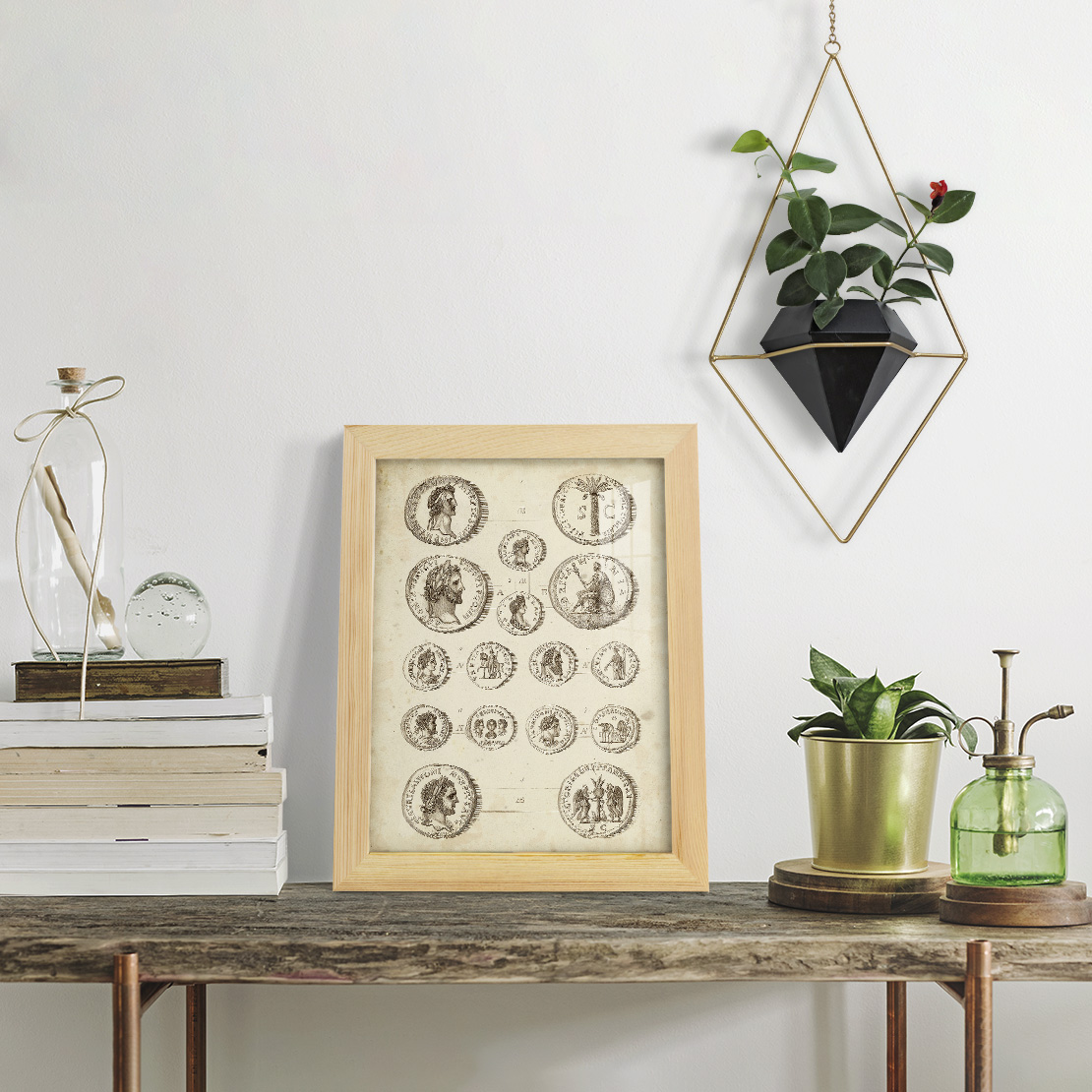 Antique Roman Coins IV -Framed Print w/glass-Natural Wood