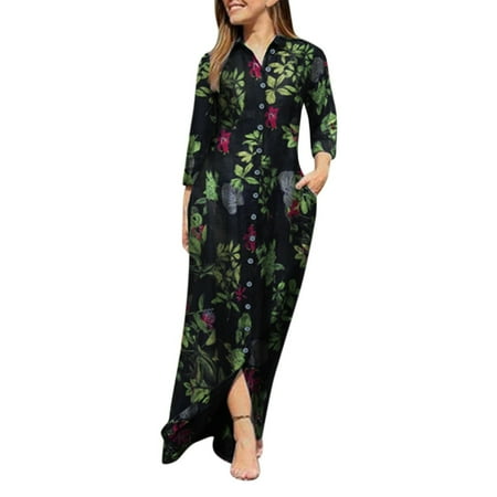 

Women Casual Boho Dress V Neck Long Sleeve Button Pocket Loose Long Dress womens dress shoes