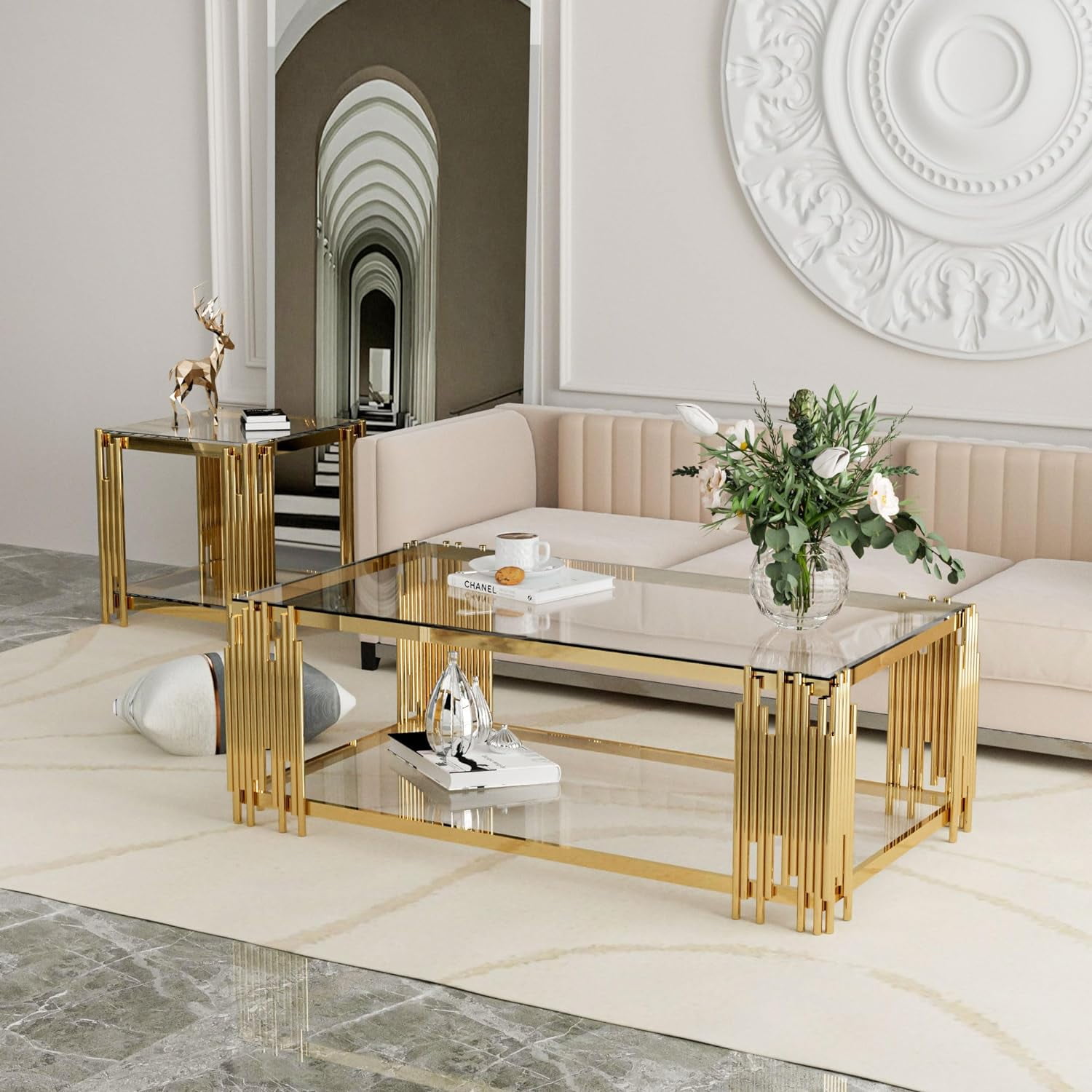 End Tables for Living Room Set of 3, Holaki Modern Rectangle Tempered Glass Coffee Table with 2 Square End Table, Coffee Table Set with Stainless Steel Irregular Legs for Home Apartment Office