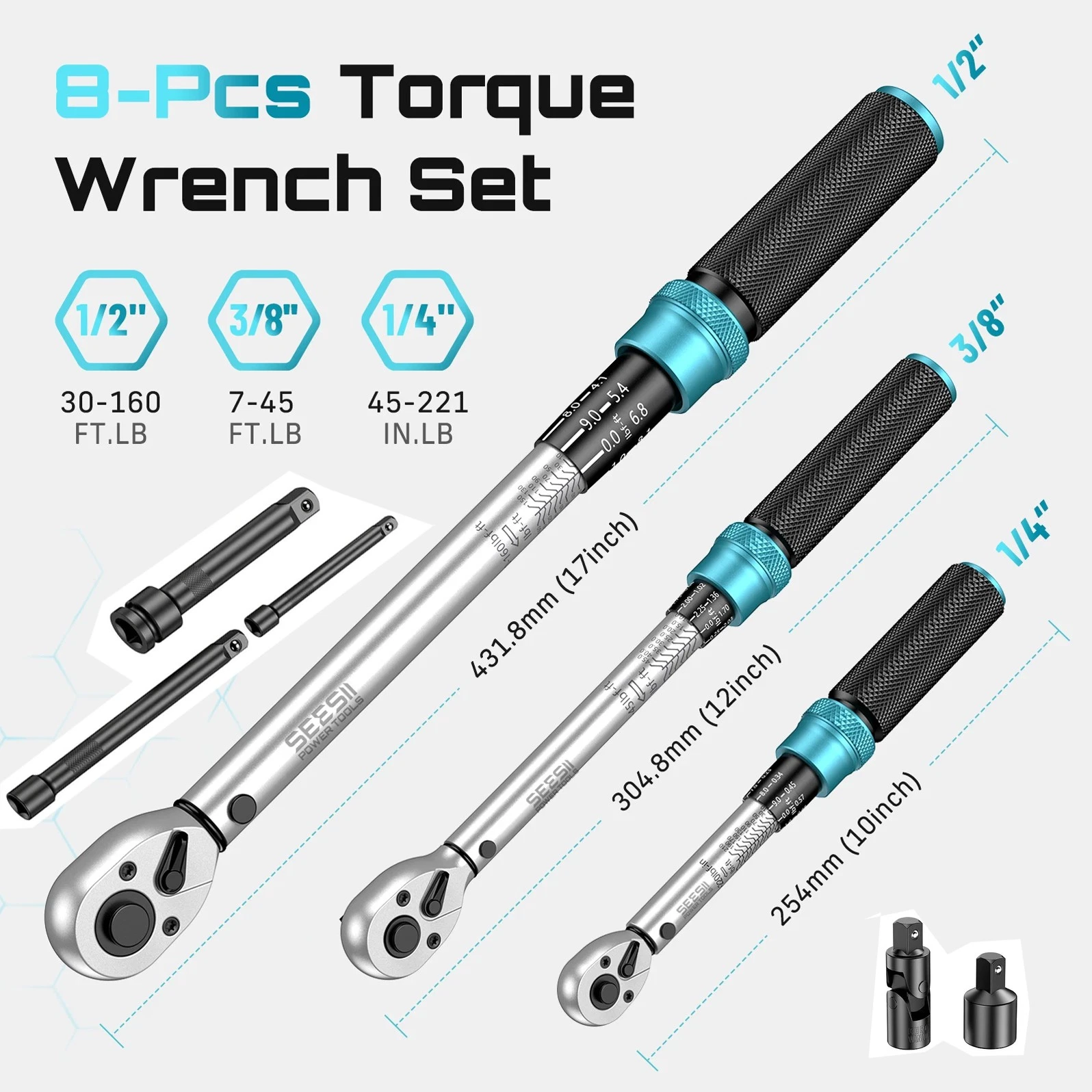 Seesii 1/4 3/8 1/2-inch Drive Click Torque Wrench Set - 8Pcs, 72-Tooth Dual Scale,Multi-functional Torque Wrench 45-221in.lb, 7-45ft.lb, 30-160ft. lb Ultra-Precise ±3% Accuracy,