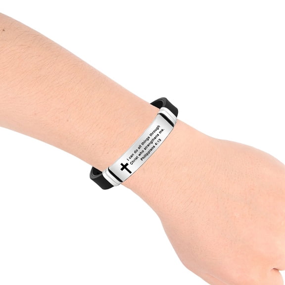 Inspirational Quote Cross Bracelets Faith Christian Bible Verse Silicone ID Wristband Religious Gifts for Men Women Stainless Steel Rubber Adjustable