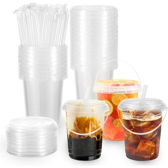 100 Sets Clear Plastic Cups 34 oz Ice Cream Buckets with Lids & Straws Sturdy & Food Safe for Cold&Hot Drinks Disposable Drink Cups Cocktail Pails Bulk with Handles for Halloween Football Parties Bar