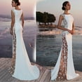 thumbnail image 2 of FINALGANG Womens Dress Solid Color Sleeveless Maxi Wedding Dress With Crewneck Lace Applique Illusion Side Sheath Bridal Gown For Wedding Formal Occasions, 2 of 7