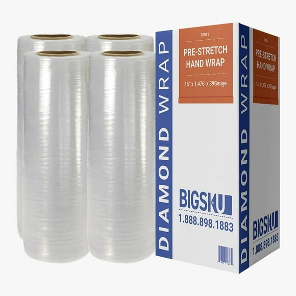 BIGSKU Pre-Stretch Wrap -16 inch x1475 ft, 39 gauge thick Self-Adhering & Clear Plastic Cling Wrap - Heavy Duty, , Moving & Packaging- 1 Box of 4 Rolls