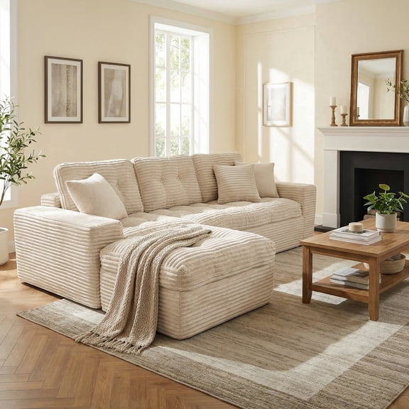 Jakoola 105" Modular Cloud Sectional Sofa with Ottoman, Oversized Chaise Lounge, All-Foam Corduroy Couch, Modern Living Room Furniture