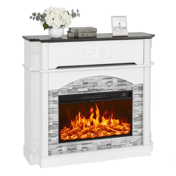 LIGHTINN 51" Electric Fireplace with Mantel, 45" Tall Highboy Carved Farmhouse Entertainment Center TV Stand with Storage Cubby