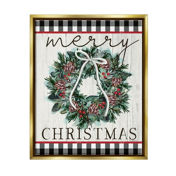 Stupell Industries Merry Christmas Tartan Wreath Graphic Art Metallic Gold Floating Framed Canvas Print Wall Art, Design by Elizabeth Tyndall
