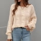 thumbnail image 2 of Jersey de manga larga abombada con cuello redondo para mujer, suéter holgado elegante de Color puro, suéter de punto con Cable hueco, color albaricoque XL, 2 of 6