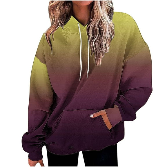 EchfiProm Yellow Sweatshirt for Womens Hooded Trendy Hoodies with Pockets Oversized Gradient Pullover Womems Tops Long Sleeve