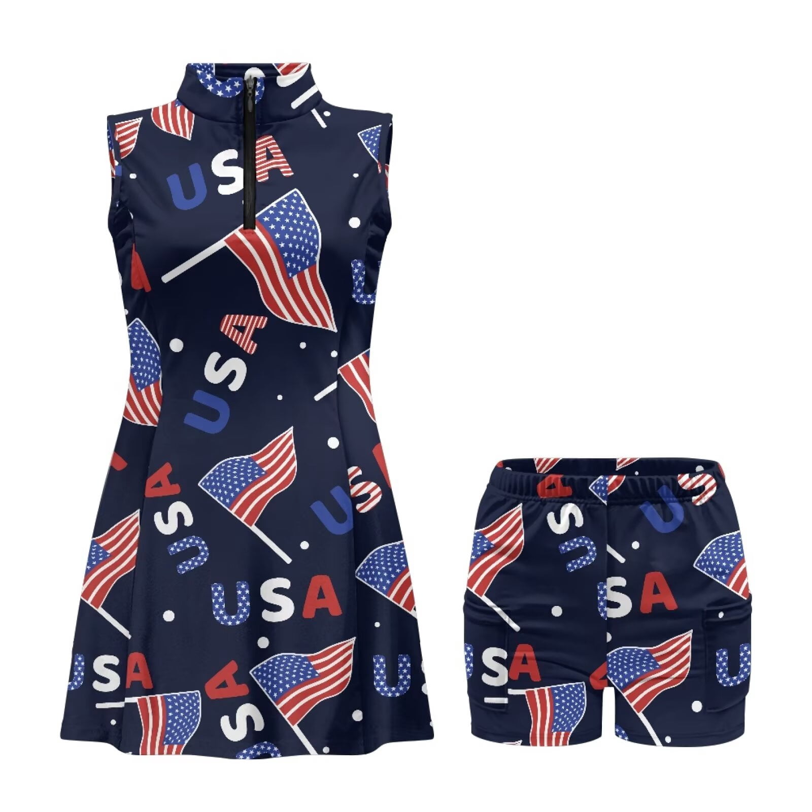 Yuyamidu American Flag Womens Tennis Dress with Inner Shorts Tennis Dress for Women Sleeveless Golf Outfits for Women Soft Womens Athletic Clothing Sets Size M