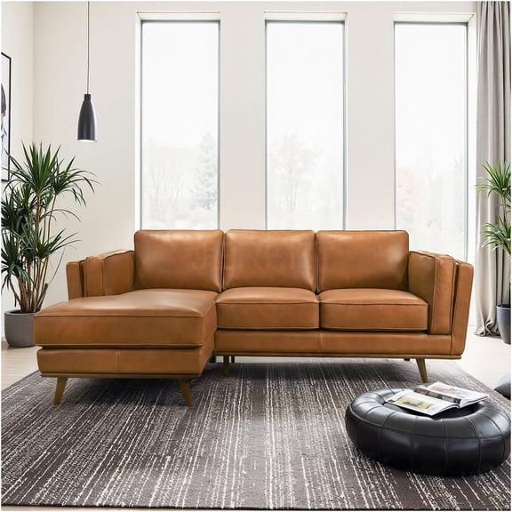 JERFIT Tan Leather 3-Seater Left-Facing Sofa Sectional, Genuine Leather Couch with Removable Cushions & Solid Wood Frame for Living Room