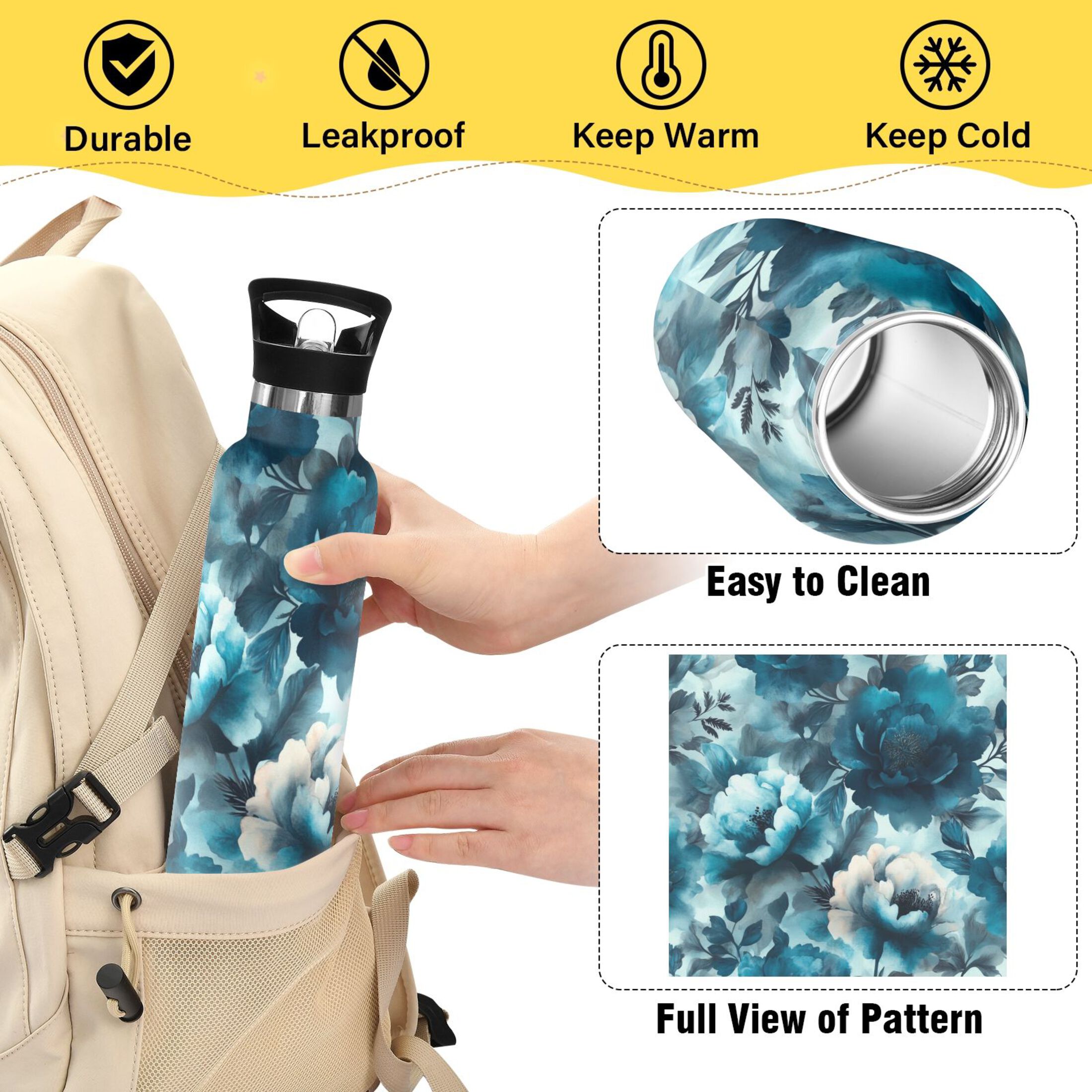 Kids Insulated Stainless Steel Sports Water Bottle 600ml (20oz) Teal Elegant Floral Pattern