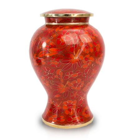 Cloisonne Urn - Bronze Cremation Urn - Large 200 Pounds - Cloisonne Red Autumn Leaves - Engraving Sold Separately