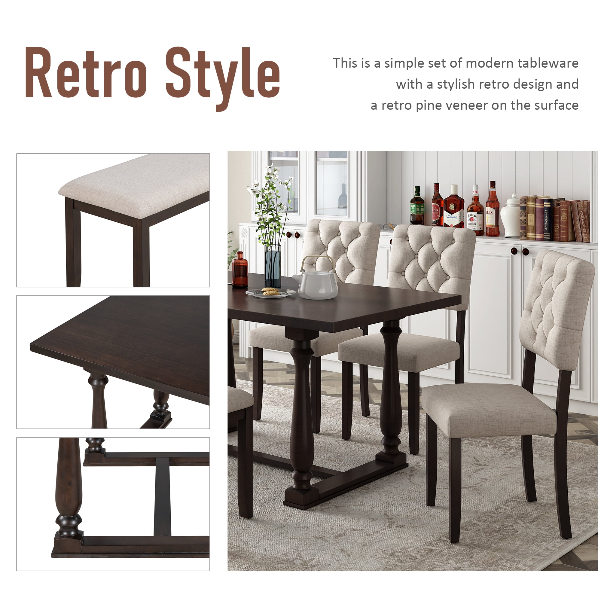 Howcool 6-Piece Dining Room Set, Special-Shaped Legs, Foam Covered Seat Backs & Cushions, Espresso