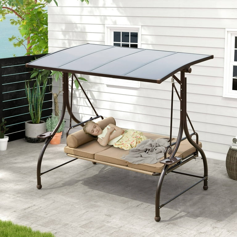 Richryce Outdoor Patio Swing 3 Seat Patio Swing Chair with Adjustable Canopy Khaki