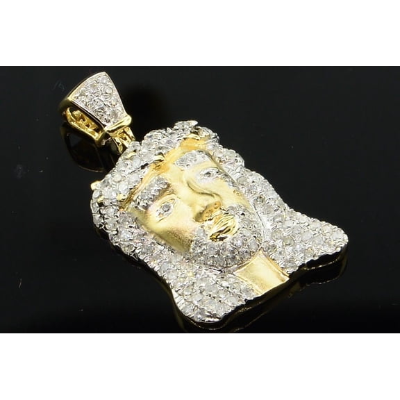Diamond Jesus Face Piece Pendant Sterling Silver Yellow Finish Charm 0.76 Ctw.