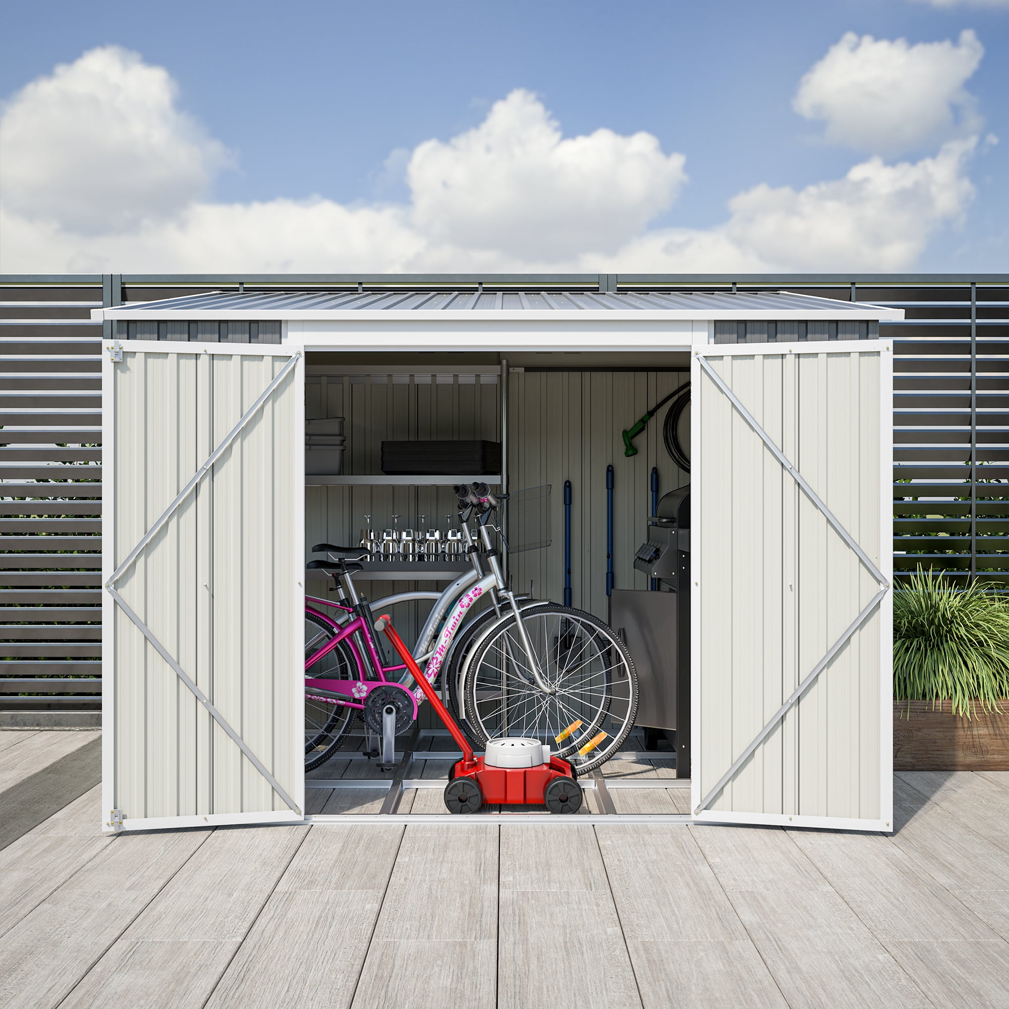 6×8 Utility Metal Tool Shed with Side Door, Against the Wall, With Door Lock, Wind, Rain and Snow Protection, Suitable for Garden, Backyard, Garage, Multi-purpose Shed, Gray (With and Metal Frame Flo