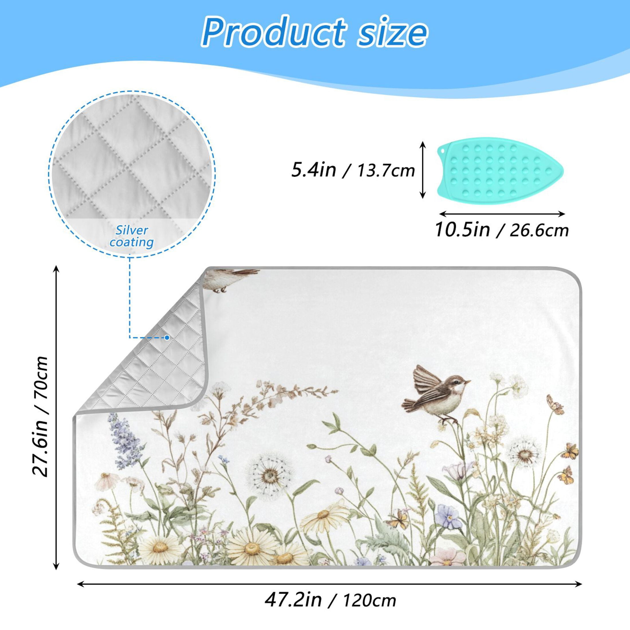 Vintage Leaves Butterflies Birds Florals Ironing Mat Blanket Portable Travel Ironing Pad Heat Resistant Pad 47.2" x 27.6”