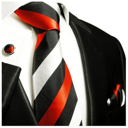 Circle Silk Tie - Extra Long Red, Black and Silver Striped Paul Malone Silk Tie with Accessories
