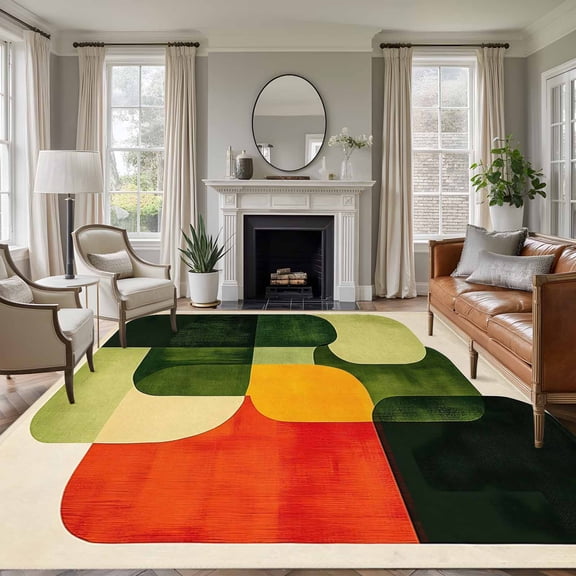 Green Geometric 5'x8' Area Rug for Living Room, Modern Orange Abstract Lines Art Washable Non-Slip Rugs for Bedroom Nursery Dining Room, StainResistant Low-Pile Kitchen Carpet Large Entryway Rugs