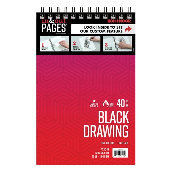 Koh-I-Noor 7" x 10" Black Drawing Paper Pad with In & Out Pages, 70lb. /104 GSM, Top Wire-Bound, 40 Sheets per Pad