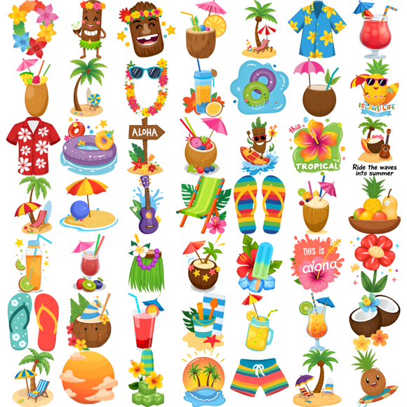54 Temporary Tattoo Stickers, Waterproof Long-lasting Body Stickers Hawaiian Beach Coconut Tree Ice Cream Swim Ring Kids Boys Girls Tattoo Stickers Arm Arm Leg Shoulder Cheek